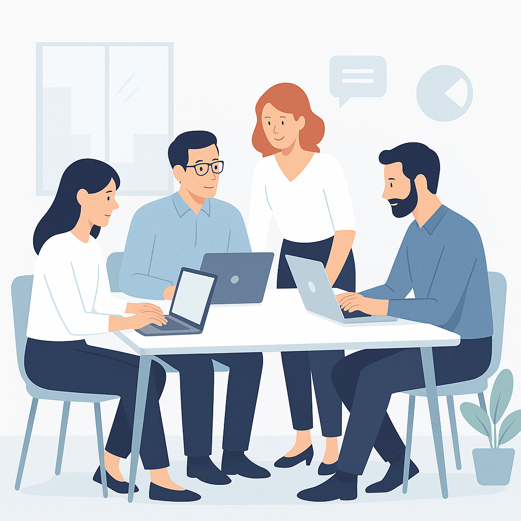 Samenwerkend Weblighting team rond laptops